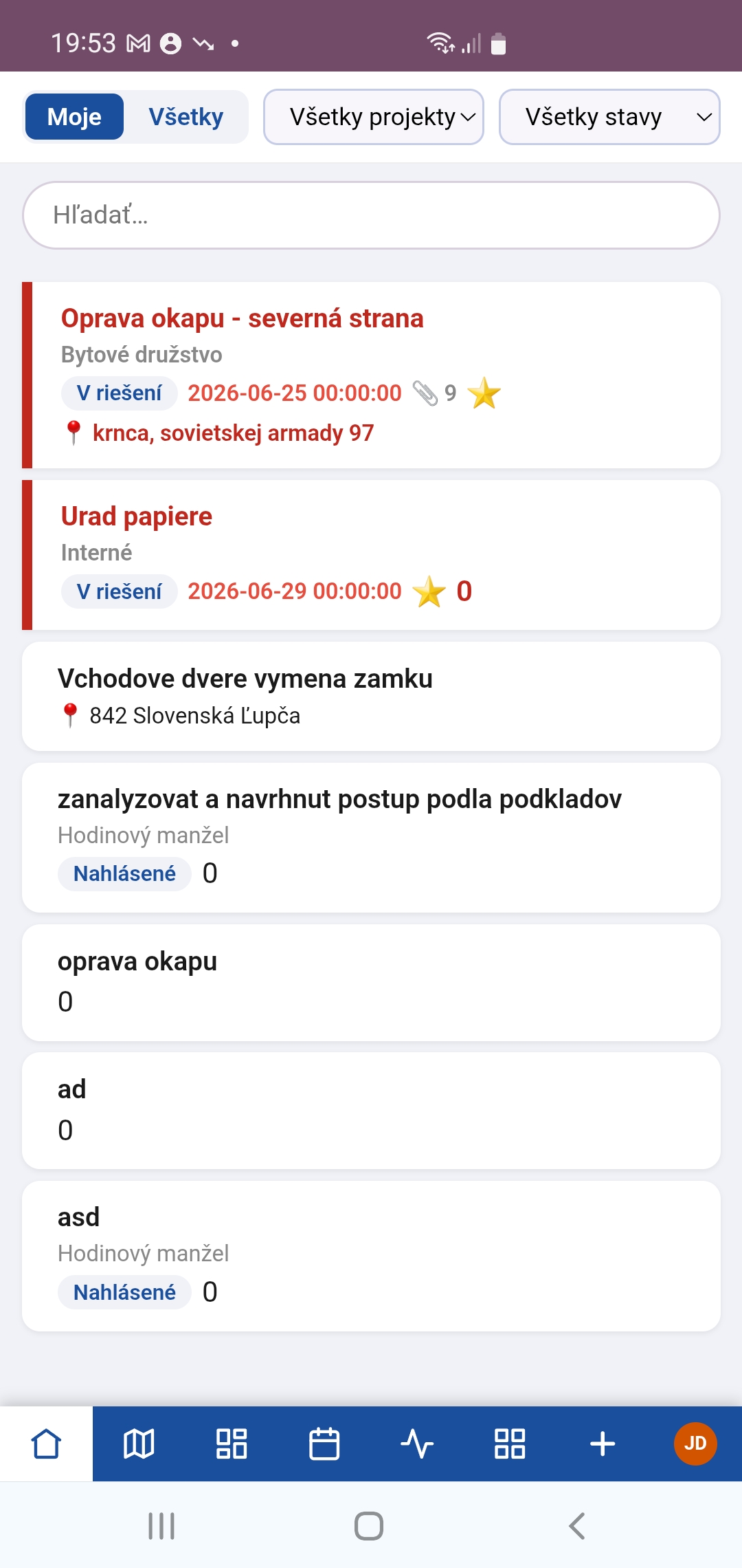 Zoznam hlásení — moje aj všetky, s filtrami na projekt a stav