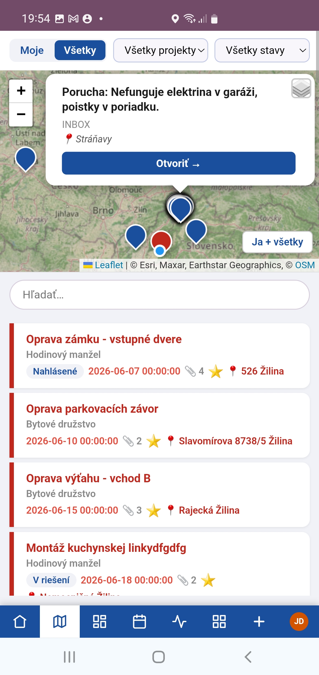 Mapa — všetky hlásenia s polohou, klik otvorí detail