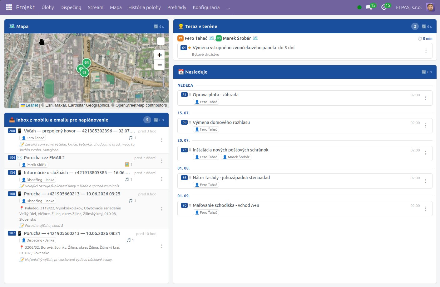 Dispečing — mapa, technici v teréne, inbox hlásení a plán na jednej obrazovke